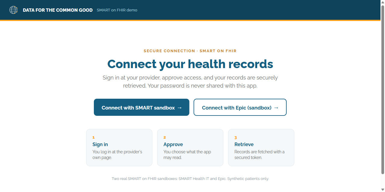 The demo landing page, headed "Connect your health records", offering a SMART sandbox and an Epic sandbox.