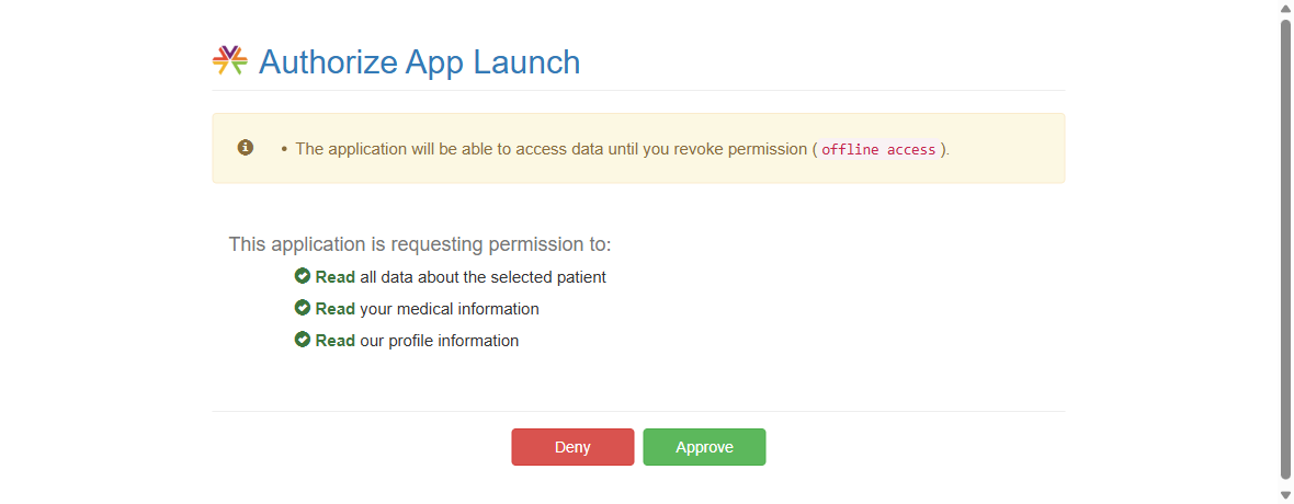 The provider's own consent screen, listing the three permissions the application is requesting and offering deny or approve.