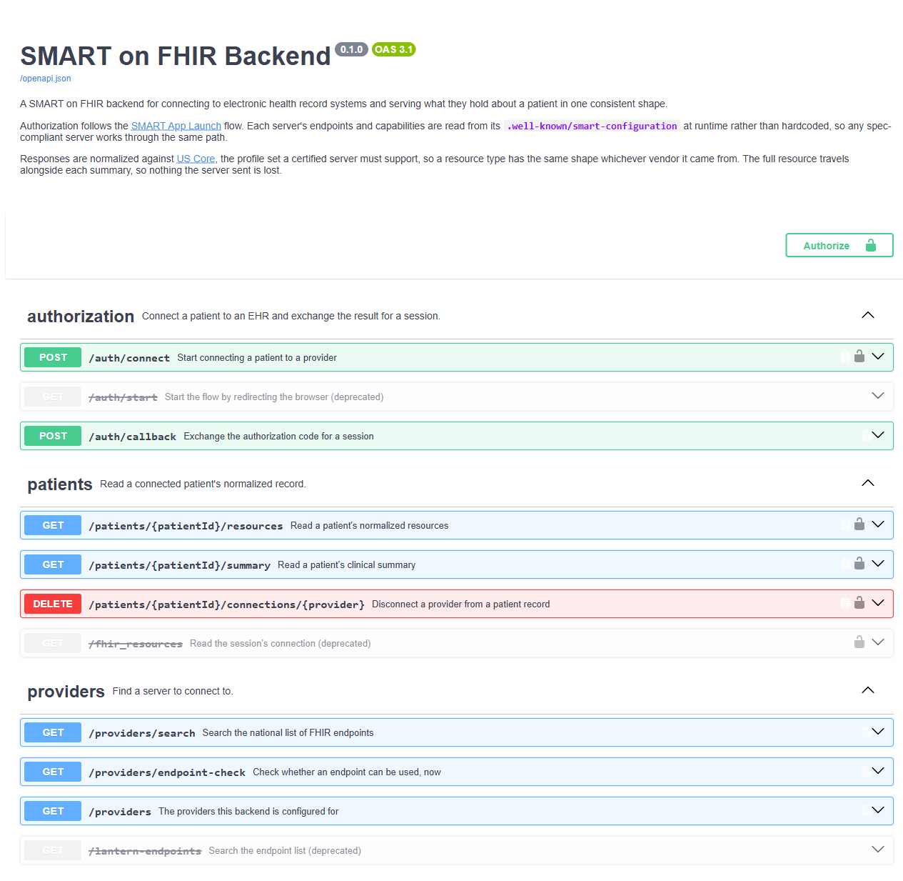 The generated OpenAPI documentation, showing the authorization, patients and providers endpoint groups.